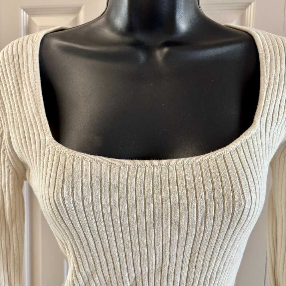 Open Edit Ribbed Square Neck Sweater - Cream, Size Small - Picture 2 of 6